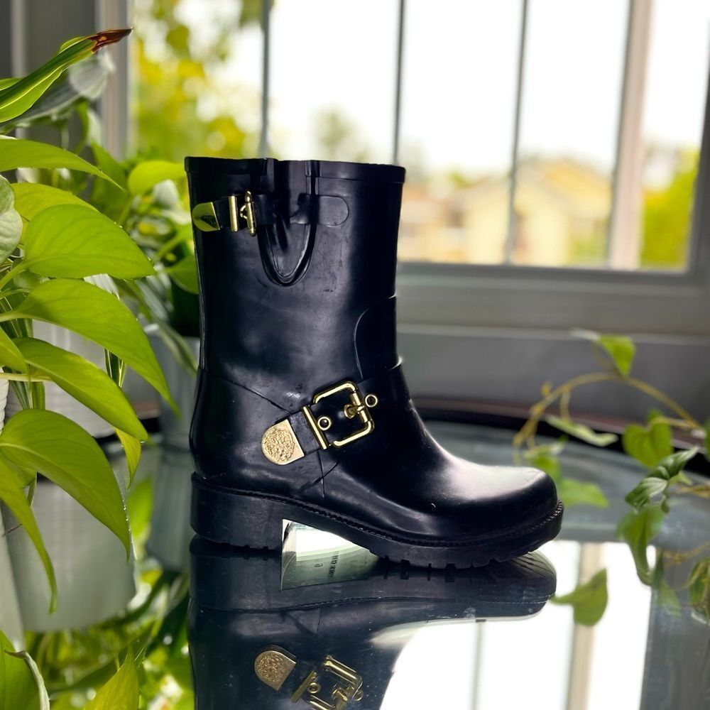 Vince Camuto Rain Boots With Gold Accents Rubber and Black Boots Size 6​​​ - Picture 2 of 14